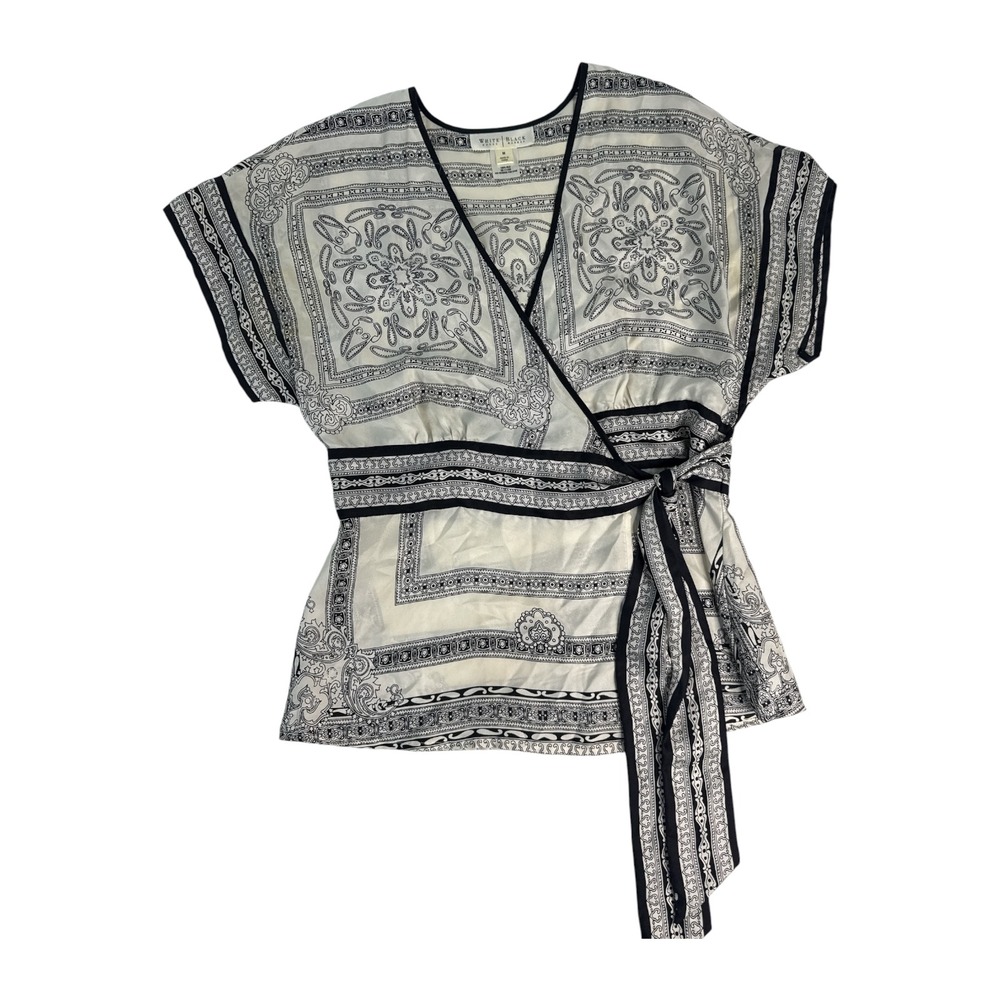 White House Black Market Cream and Black Patterned Wrap Blouse - Picture 2 of 6
